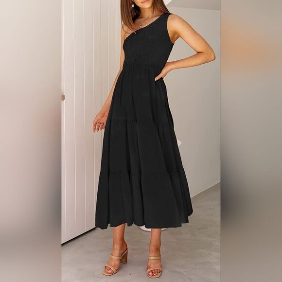 NWT Summer Boho One Shoulder Sleeveless Ruffle Beach Party Tiered Midi Dress - Picture 9 of 9